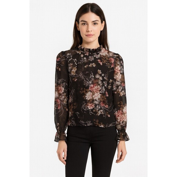 Womens Floral Sheer Blouse Black Long Sleeve Ruffle Neck Romantic Top Small - Picture 2 of 16